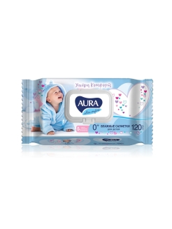 AURA Ultra Comfort Влажные салфетки детские с экстрактом алоэ и витамином Е с крышкой 0+ 120 шт