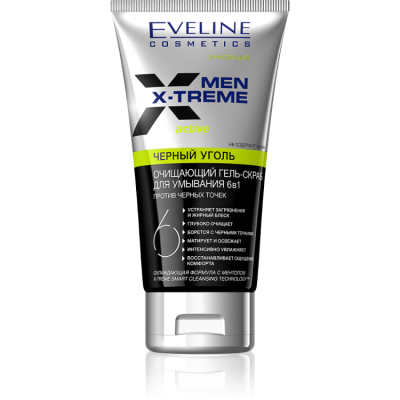 EVELINE Men Active Черный уголь Очищающающий гель-скраб для умывания 6 в 1 против черных точек 150 мл 