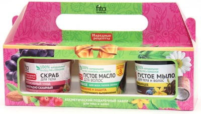 ФИТОКОСМЕТИК "Народные рецепты" Набор №14 (Скраб для тела 155 мл + Масло для волос 155 мл + Густое мыло для тела и волос 155 мл)