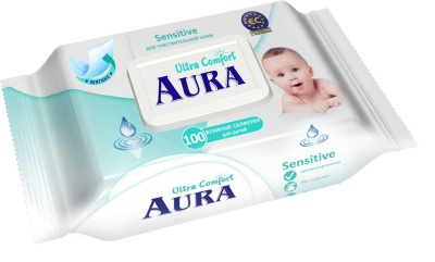 AURA Ultra Comfort Влажные салфетки для детей с экстрактом алоэ и витамином Е с крышкой 100 шт