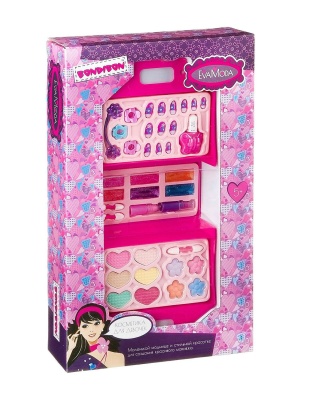 Набор косметики (Косметичка-чемодан,раскладная:накладные ногти с рисунком 12, лак для ногтей (7,8г),3 заколки, резинка д/волос,тени,блеск) ВВ2279