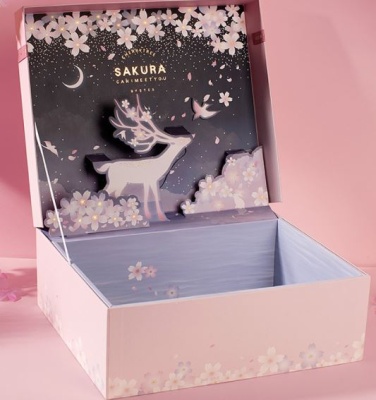 Коробка подарочная с объемной иллюстрацией 31*26*10,5 см, розовая, ночной пейзаж с оленем